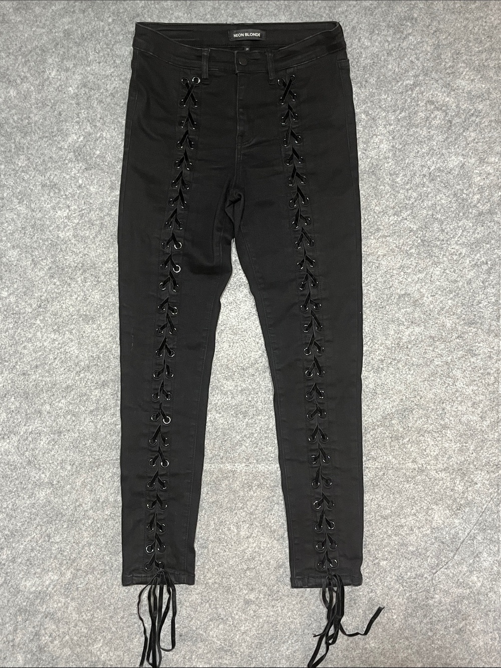 NEON BLONDE Blondie Mid Rise Black Lace-Up Skinny Jeans